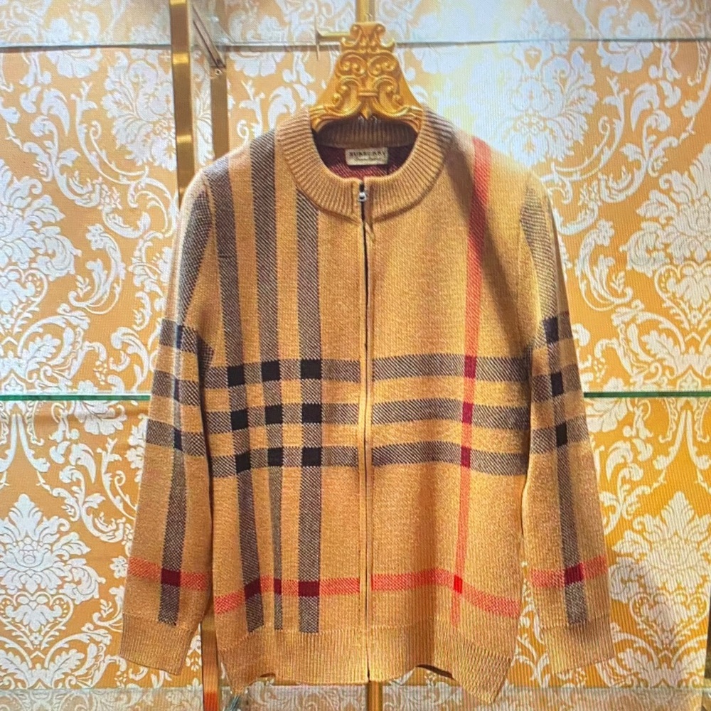 Burberry Tan and Red Plaid Knit Jacket